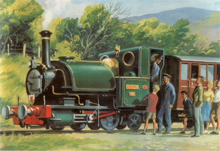 a painting of people standing next to a train on the tracks with trees in the background