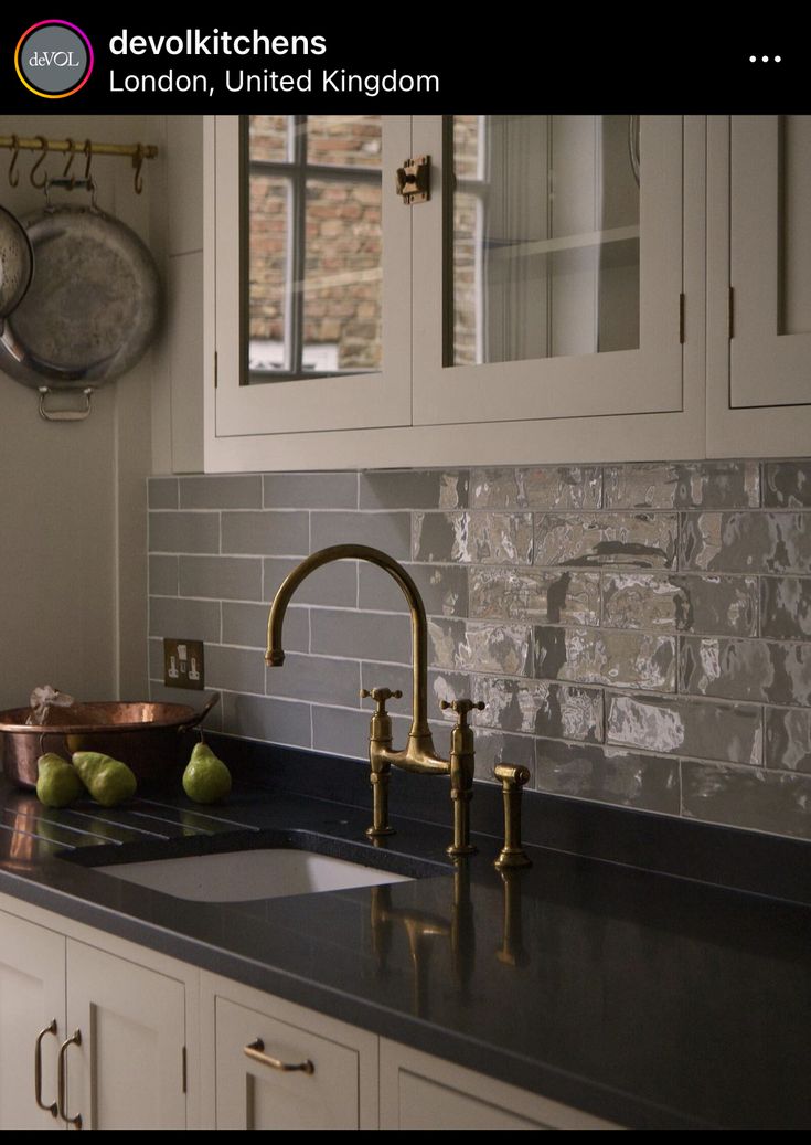 a kitchen sink with two pears on the counter next to it and hanging pots