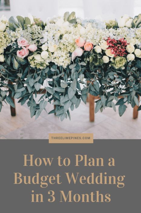 a table with flowers and greenery on it for a budget wedding in 3 months