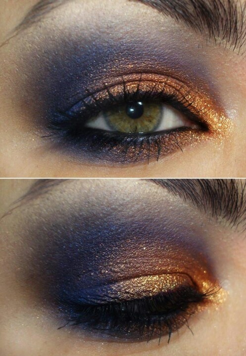 Copper and blue pop eyes Blue And Copper Eye Makeup, Copper Eyeshadow Blue Eyes, Navy And Gold Makeup, Celestial Eye Makeup, Navy Blue And Gold Makeup, Copper Eyeshadow Looks, Celestial Makeup Looks, Blue And Gold Eye Makeup, Blue And Gold Makeup