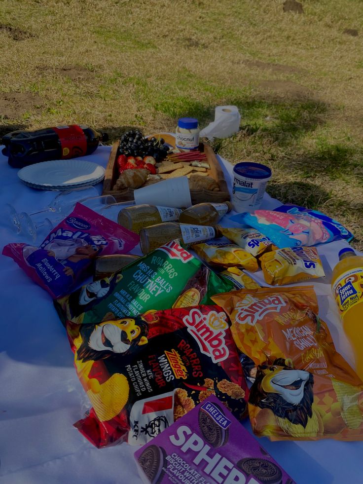 an assortment of snacks are laid out on a blanket in the grass near a field