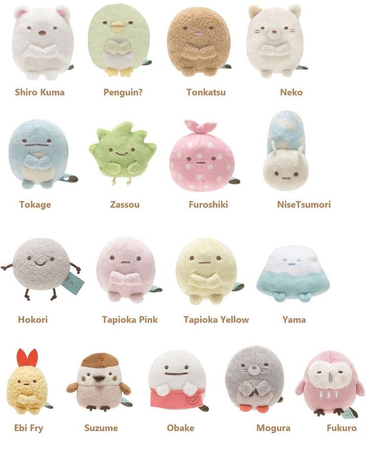 many different types of stuffed animals are shown in this image with the names on them