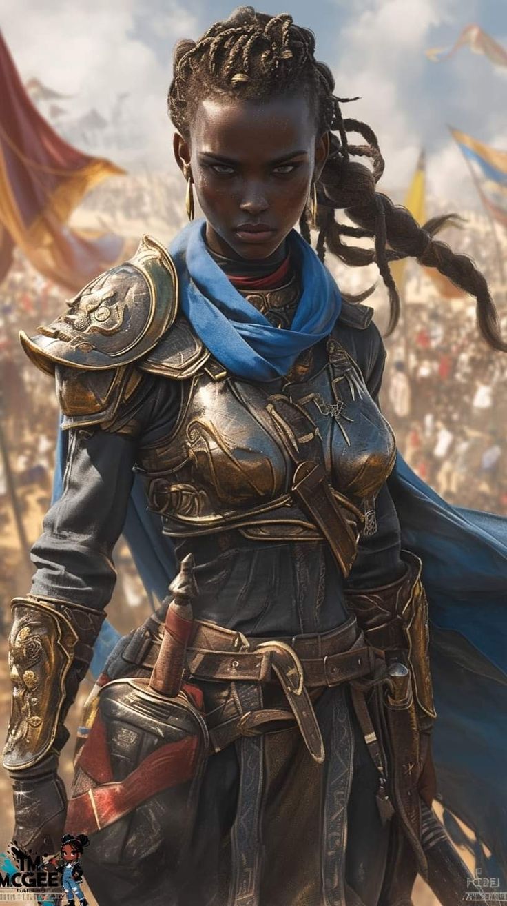 an image of a woman with dreadlocks and armor