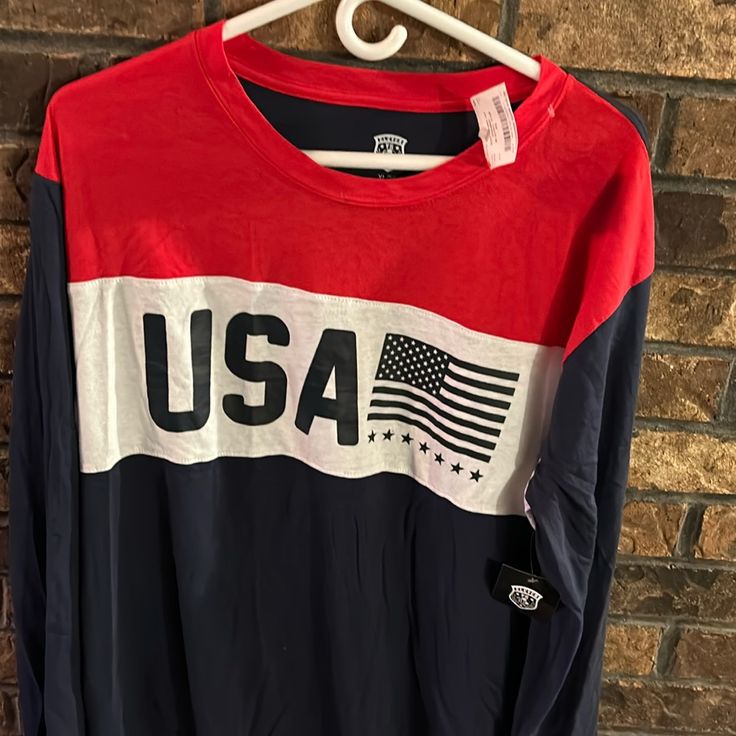 Size Extra Large Long Sleeve Cotton Tops For 4th Of July, Cotton Long Sleeve Top For 4th Of July, Casual Blue Tops With American Flag Print, Blue Crew Neck Top For 4th Of July, Patriotic Long Sleeve Top With American Flag Print, Patriotic Long Sleeve American Flag Top, Casual Blue Tops With Flag Print, Red Long Sleeve Top For 4th Of July, Red Long Sleeve Tops For 4th Of July