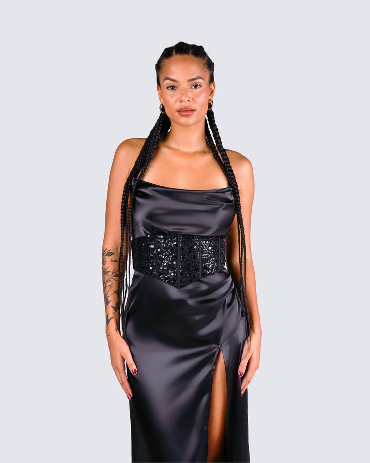 Walk into any room and steal the show in this glamorous two piece look ⭐ This satin black maxi dress is paired with a black sequin corset for a fit that gives off a powerful bad b*tch energy that will be impossible to ignore 🖤 Luxury Black Glamorous Sets, Black Fitted Satin Set, Fitted Black Satin Set, Luxury Black Satin Set, Luxury Black Velvet Set, Black Maxi, Satin Maxi, Satin Maxi Dress, Cargo Pant