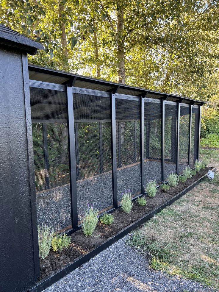 the side of a black building with plants growing out of it