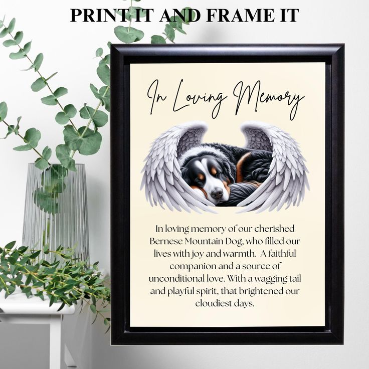 a dog with angel wings on it's head is framed in a black frame