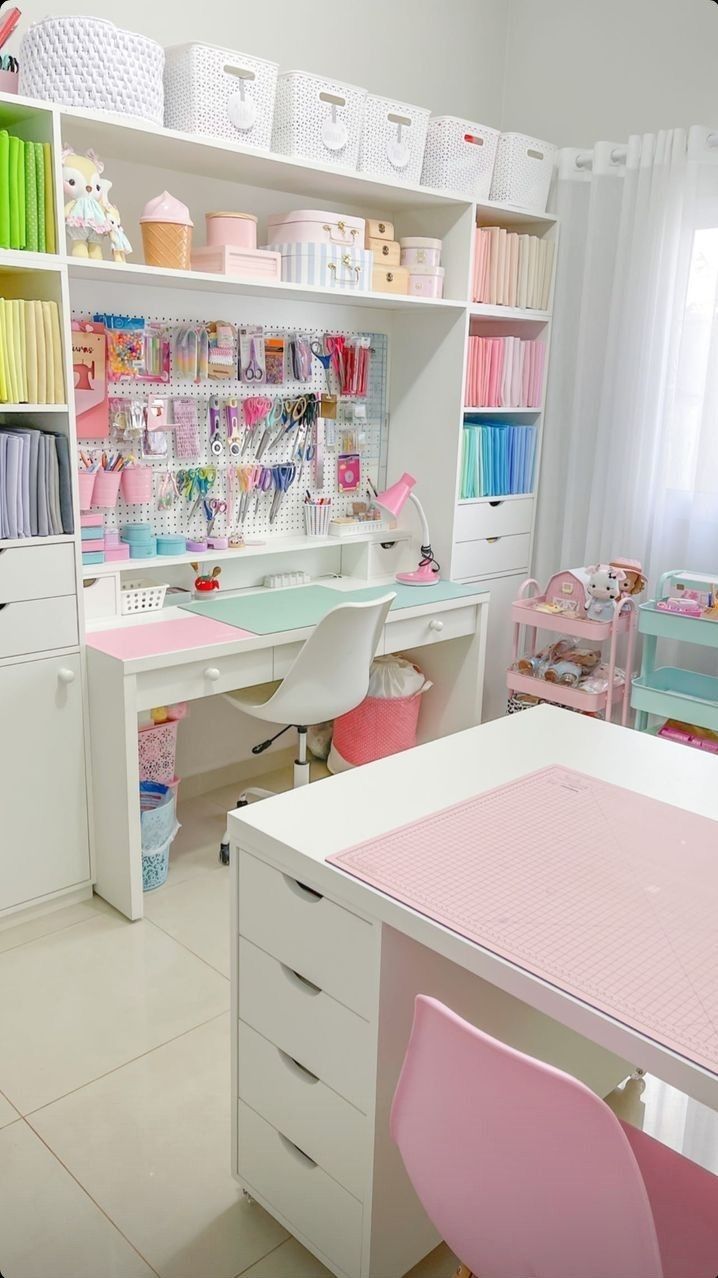 a room filled with lots of crafting supplies on top of desks and shelves