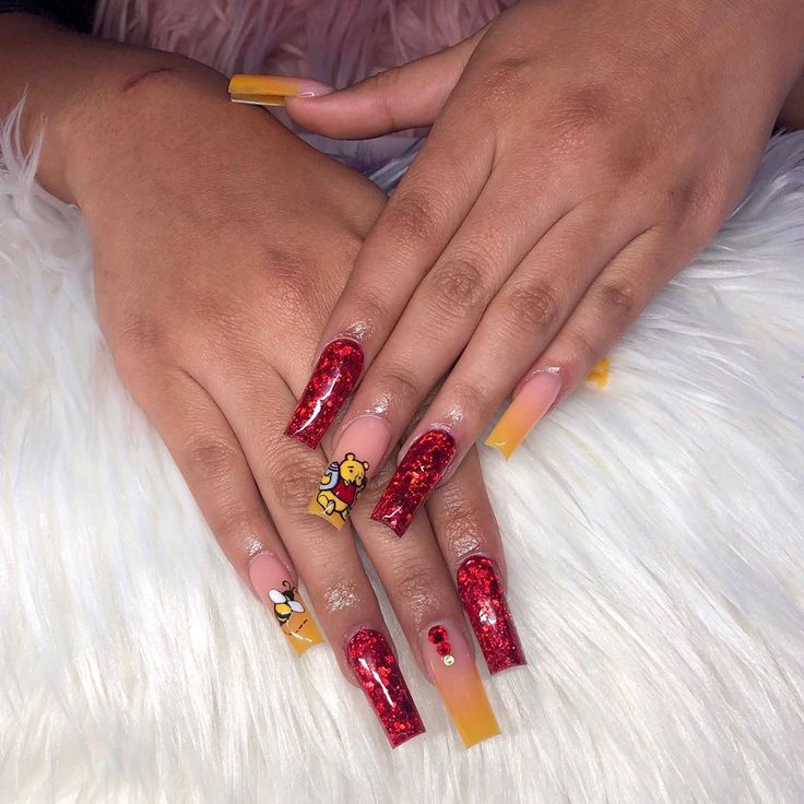 Winnie The Pooh Nails Valentines, Winnie The Pooh Valentines Day Nails, Winnie The Pooh Acrylic Nails, Winnie The Pooh Nails Acrylic, Winnie The Pooh Nails, Pooh Nails, 3d Acrylic Nails, Plus Size Baddie, Plus Size Baddie Outfits