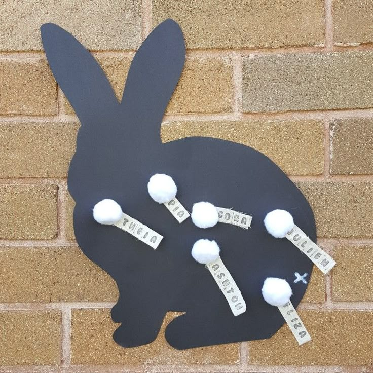 a rabbit made out of paper with words written on it's ears and nose