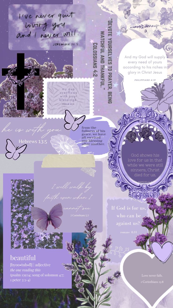 a collage of purple and white images with words, flowers, and hearts on them