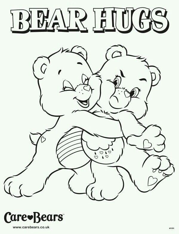 two teddy bears hugging each other with the words bear hugs in black and white ink