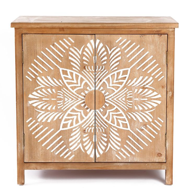 a wooden cabinet with an intricate design on the front and side doors, made out of wood