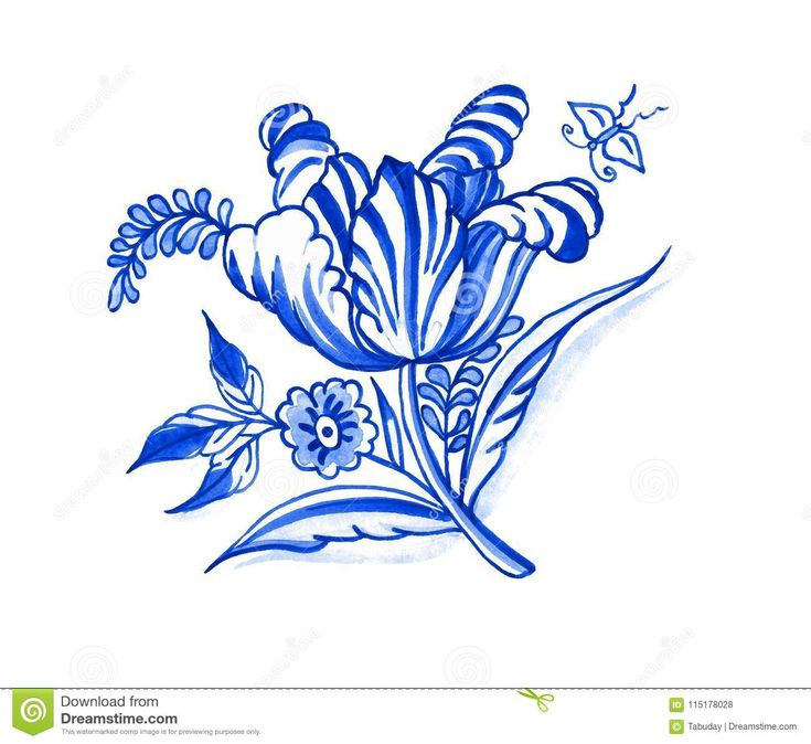 blue and white flowers with butterflies flying around them, on a white background stock photo