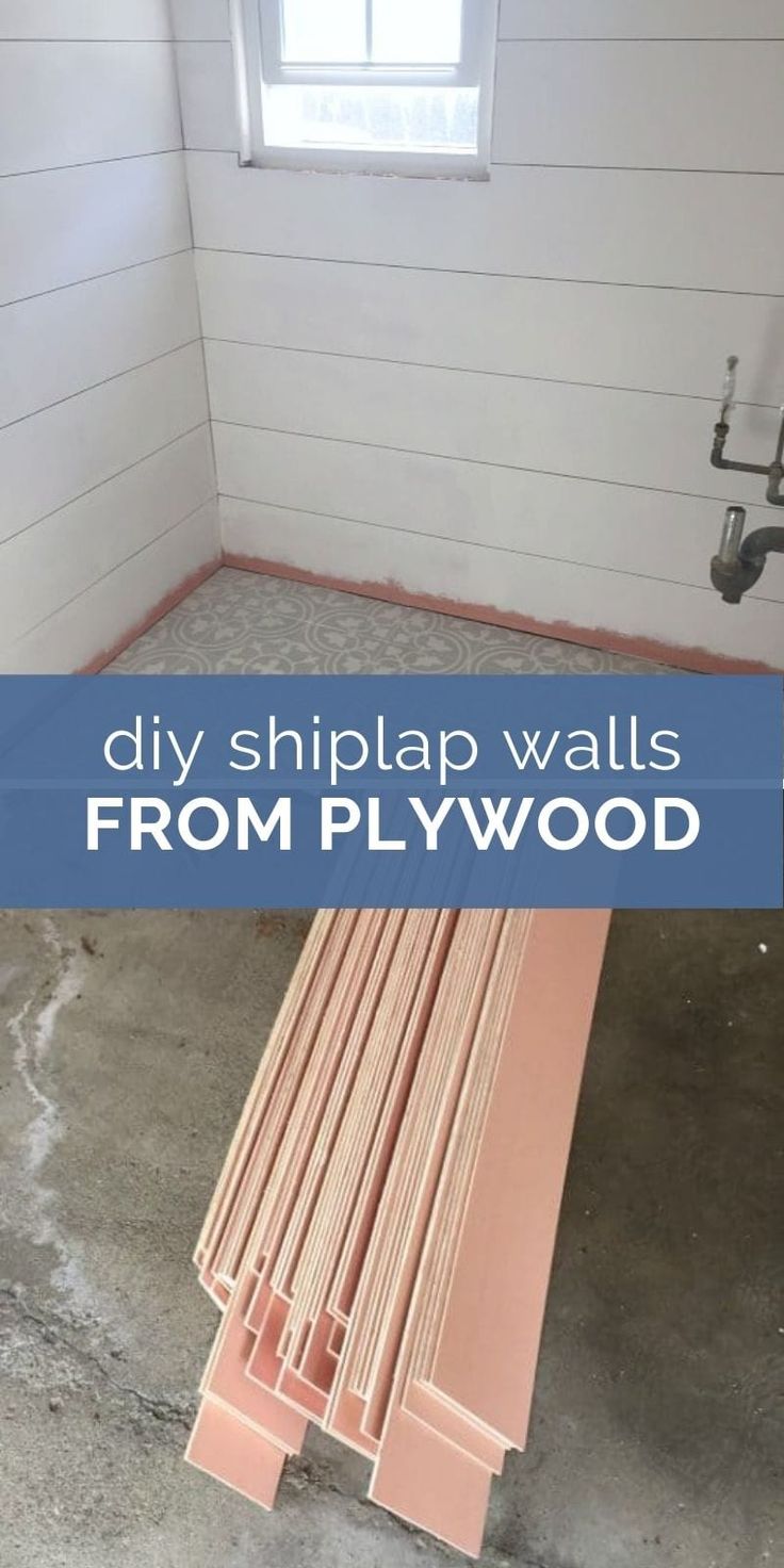 a room with white walls and pink plywood flooring in the corner, next to a window that reads diy shiplap walls from plywood