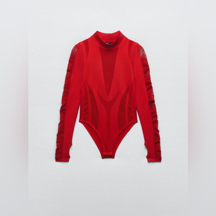 Zara Red - Mesh Bodysuit - Sz S/Xs -Nwt High Collar Long Sleeve Bodysuit. Mesh Effect Fabric Detail. Limitless Contour Collection Outer Shell 94% Polyamide 6% Elastane Outer Shell 55% Rcs-Certified Recycled Polyamide Final Sale No Returns Happy Shopping Poshers!!! Xo Red Fitted Bodysuit For Night Out, Fitted Red Bodysuit For Night Out, Red Fitted Bodysuit For Winter, Fitted Red Bodysuit For Winter, Red Stretch Bodysuit For Night Out, Zara Long Sleeve Bodysuit For Party, Trendy Fitted Zara Bodysuit, Zara Long Sleeve Party Bodysuit, Red Long Sleeve Bodysuit For Night Out