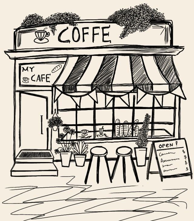 an ink drawing of a coffee shop