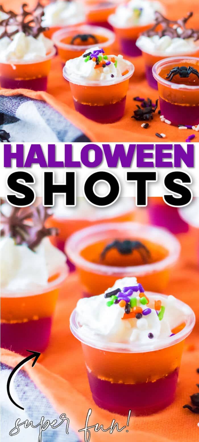 halloween shots with whipped cream and sprinkles in small cups on an orange tablecloth