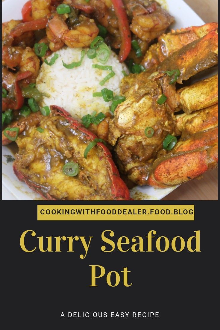 the cover of curry seafood pot is shown on a plate with white rice and red peppers