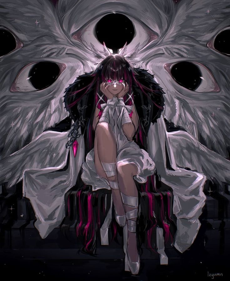 a woman sitting on top of a chair with an angel wings above her head and eyes