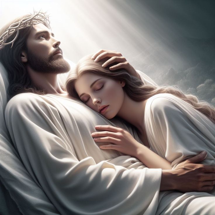 jesus and mary embracing each other with the light coming through from behind them on a dark background