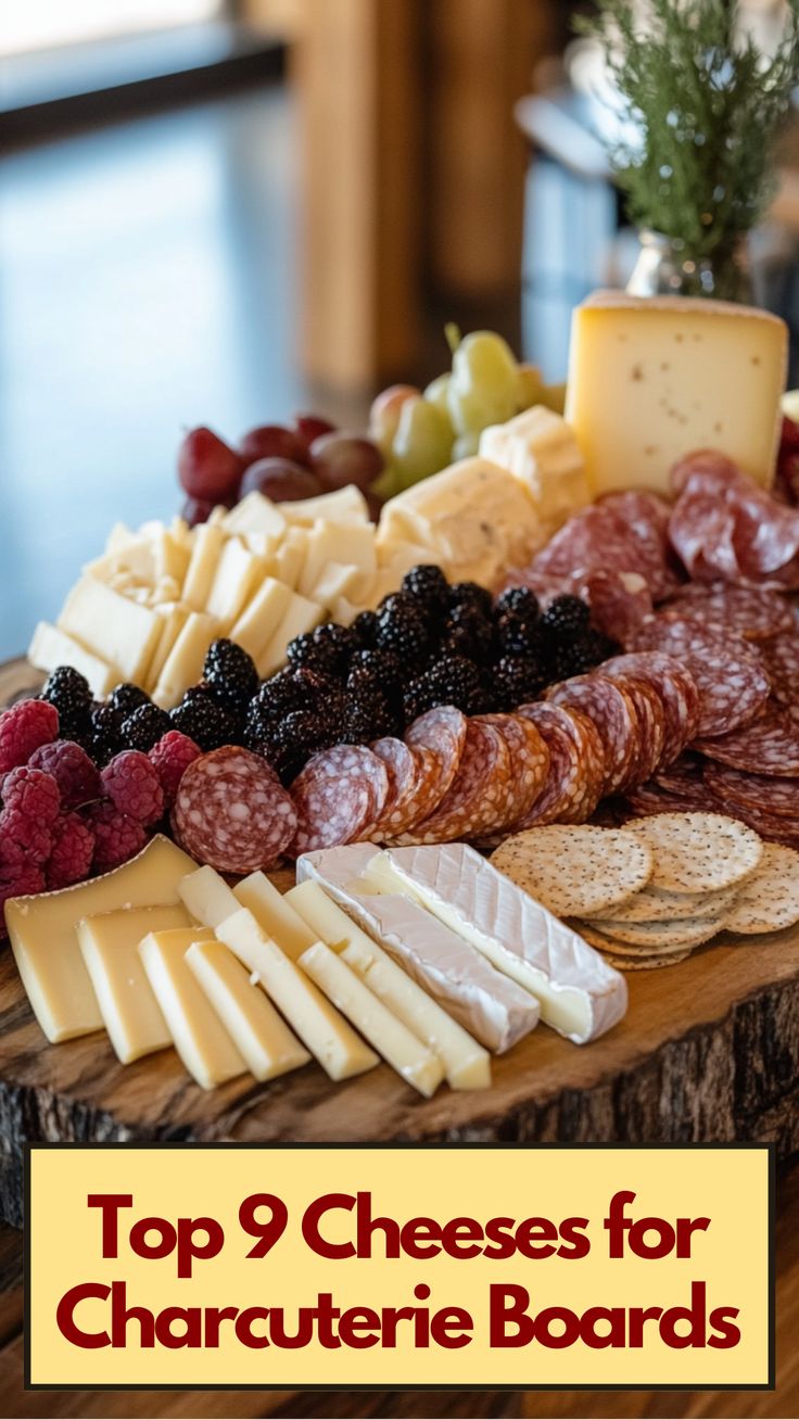 A variety of cheeses arranged on a wooden charcuterie board with fruits, meats, and crackers for a delicious presentation. Charcuterie Board And Wine Pairing, List Of Cheeses For Charcuterie Board, Easy Cheese Charcuterie Board, Best Cheese And Cracker Pairing, Build Your Own Charcuterie Board, Best Things To Put On A Charcuterie Board, Charcuterie Cracker Ideas, What Cheese For Charcuterie Board, The Perfect Charcuterie Board