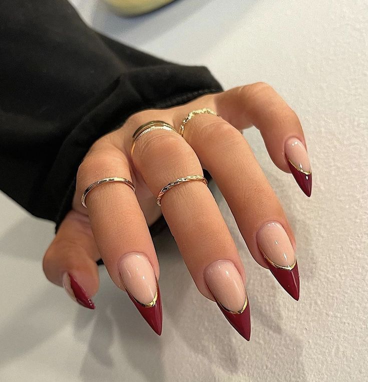 Trendy Stilleto Nails Designs, Red Stilleto Nails Designs Ideas, Simple Fall Stilleto Nails, Nails Stilleto Inspiration, Red Black And Gold Acrylic Nails, Chrome Red Nails French Tip, Red Gel Extension Nails, Red Nails Stiletto Almond, Red Tip Stiletto Nails