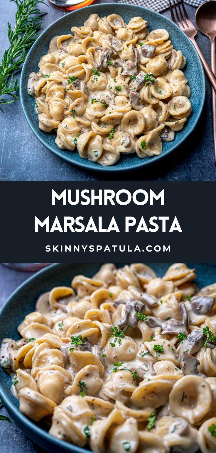 two plates with pasta and mushrooms on them