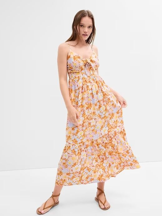 Tie-Front Tiered Maxi Dress | Gap Factory Casual Cotton Sundress With Knotted Straps, Casual Sundress With Tie Back And Ruffled Straps, Casual Sundress With Ruffled Straps And Tie Back, Midi Sundress With Tie Straps For Daywear, Casual Halter Neck Sundress For Daywear, Casual Dresses With Knotted Straps For Brunch, Spring Sundress With Tie Straps And Tiered Skirt, Casual Tiered Sundress With Adjustable Straps, Casual Cotton Tiered Sundress