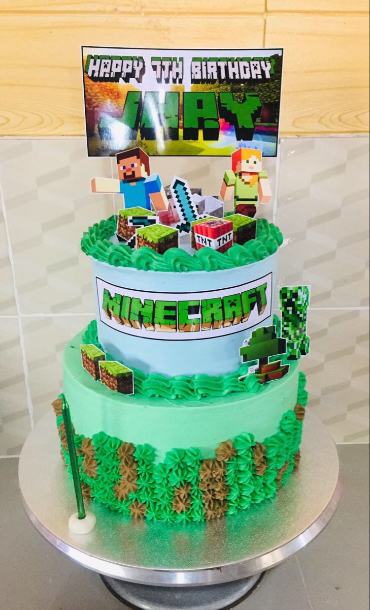 a birthday cake made to look like the lego movie character from minecraft is on display