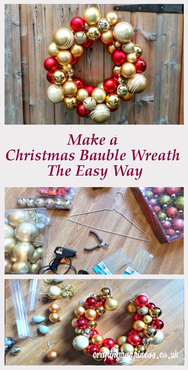 a christmas wreath made out of ornaments on top of a wooden table with text overlay that reads make a christmas bundle wreath the easy way