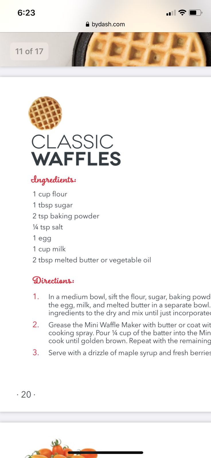 the website for classic waffles is displayed