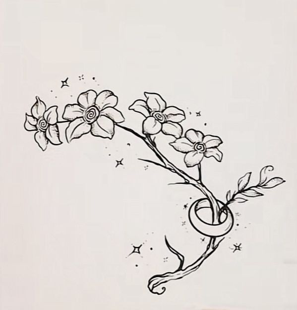 a drawing of some flowers on a white sheet with stars in the sky behind it