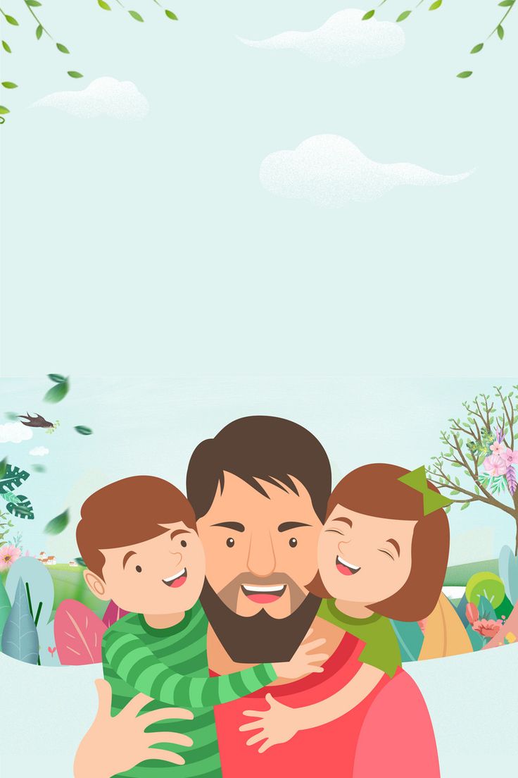 a man and two children hugging each other in front of a tree with birds flying overhead