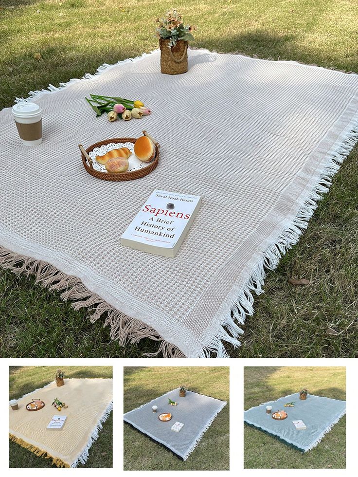 the picnic blanket is laid out on the grass and ready to be used as a placemat