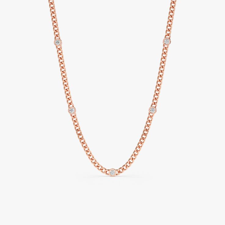 minimalist solid 14k rose gold cuban chain necklace with five diamond bezels Classic Rose Gold Chain Necklace, Classic Rose Gold Link Chain Necklace, Elegant Rose Gold Cable Chain Necklaces, Elegant Rose Gold Necklace With Cable Chain, Elegant Diamond Oval Link Chain Necklace, Elegant Oval Link Diamond Chain Necklace, Timeless Diamond Chain Necklace With Delicate Chain, Elegant 14k Rose Gold Chain Necklace, Rose Gold Oval Link Timeless Necklace