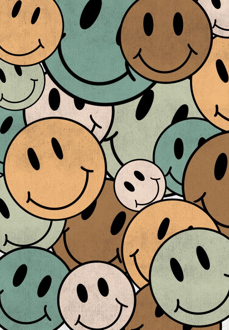 a group of smiley faces with different colors and shapes on them, all in the same pattern