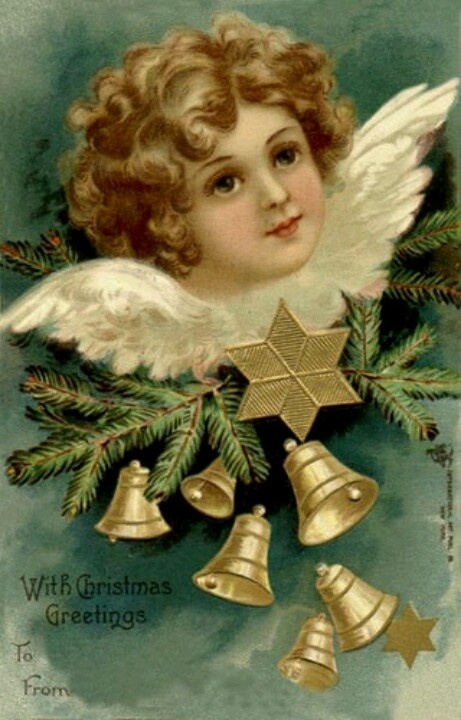 an old fashioned christmas card with angels and bells