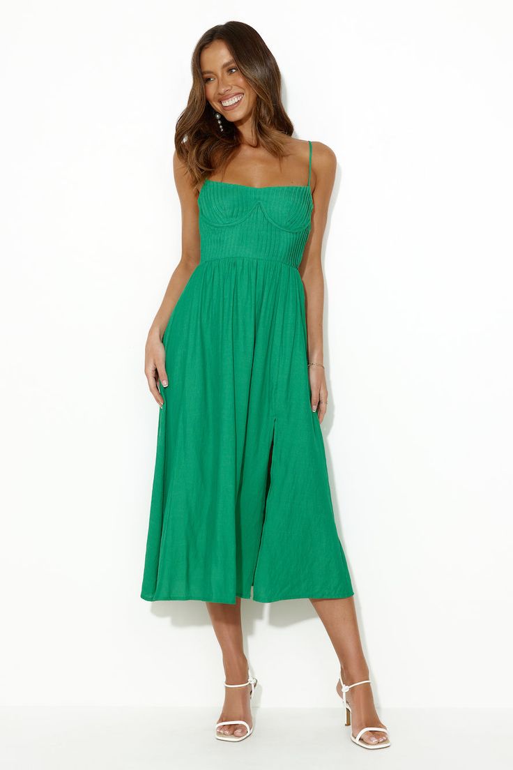 Length from bust to hem of size S: 115cm. Chest: 34cm, Waist: 32cm, size S. Midi dress. Semi-lined. Model is a standard XS and is wearing size XS. True to size. Non-stretch. Pleated. Underwire. Elastic back. Slip-on. Cold hand wash only. Polyester/Rayon. Bring the chic vibes in the Moody Vibes Midi Dress. Featuring a pleated bodice and a gorgeous flowy skirt. Style with sandals for a day event and impress. Moody Vibes, Coral Mini Dress, Midi Dress Green, Chic Vibes, Bridal Shower Dress, Shower Dresses, Jumpsuits And Romper, Pleated Bodice, Dresses Backless