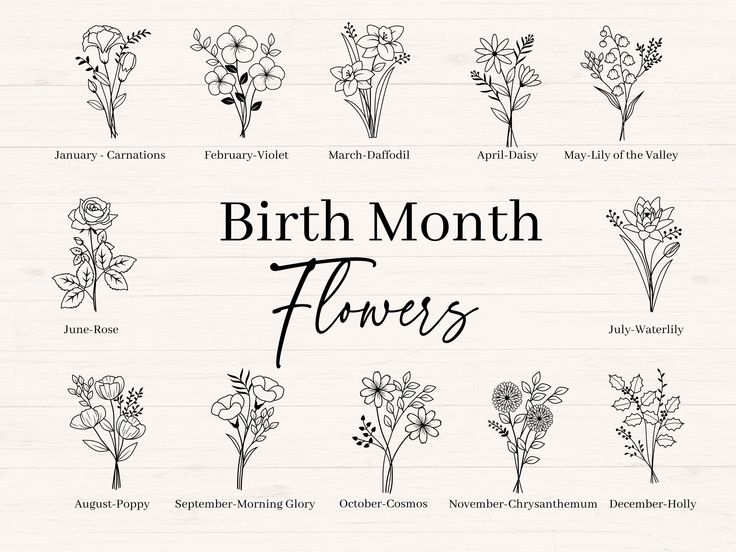 the birth month flowers are shown in black and white