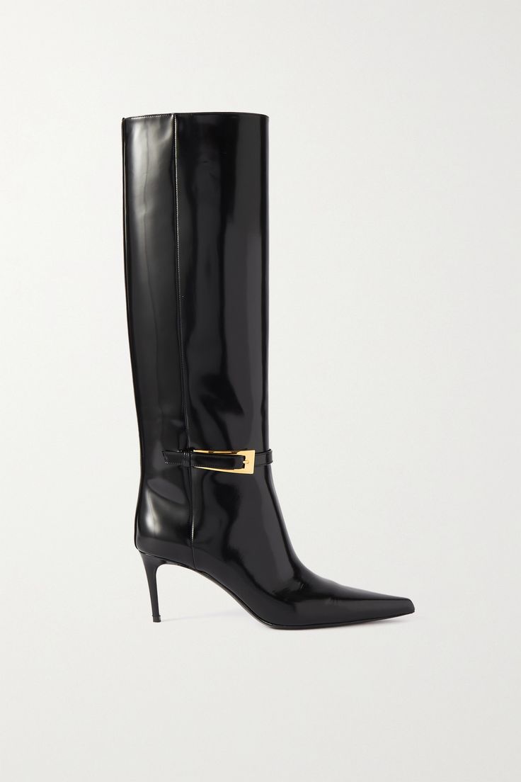 Knee-high boots are topping our buyer's wishlists this season, so you'll be in good company with SAINT LAURENT's 'Lee' pair. Crafted in Italy from glossy leather, this classic style has sharp pointed toes and a sculptural buckle at the ankle. They'll pair with pretty much everything in your wardrobe. Leather Knee Boots, Wardrobe Wishlist, Flat Dress Shoes, Paris Texas, Shoe Trends, Red Boots, Saint Laurent Shoes, Ballet Pumps, Boots Knee