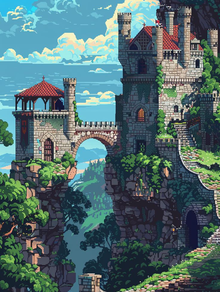 Pixel Art Medieval Videogame: Castle Level Gothic Castle Concept Art, Gaming Concept Art, Pixel Medieval, Medieval Castle Art, Medieval Pixel Art, Dark Fantasy Castle, Medieval Concept Art, Mc Castle, Tiny Glade