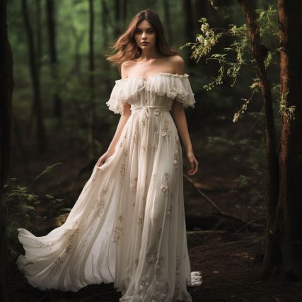 a woman in a white dress walking through the woods