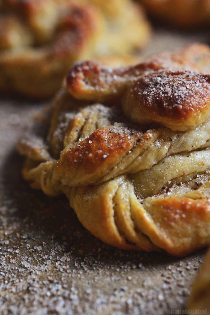 several pastries are stacked on top of each other