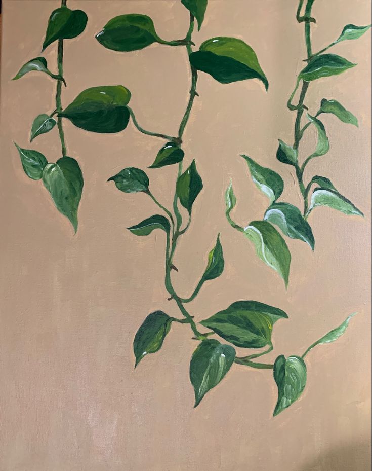 a painting of a plant with green leaves on it's stems, against a beige background