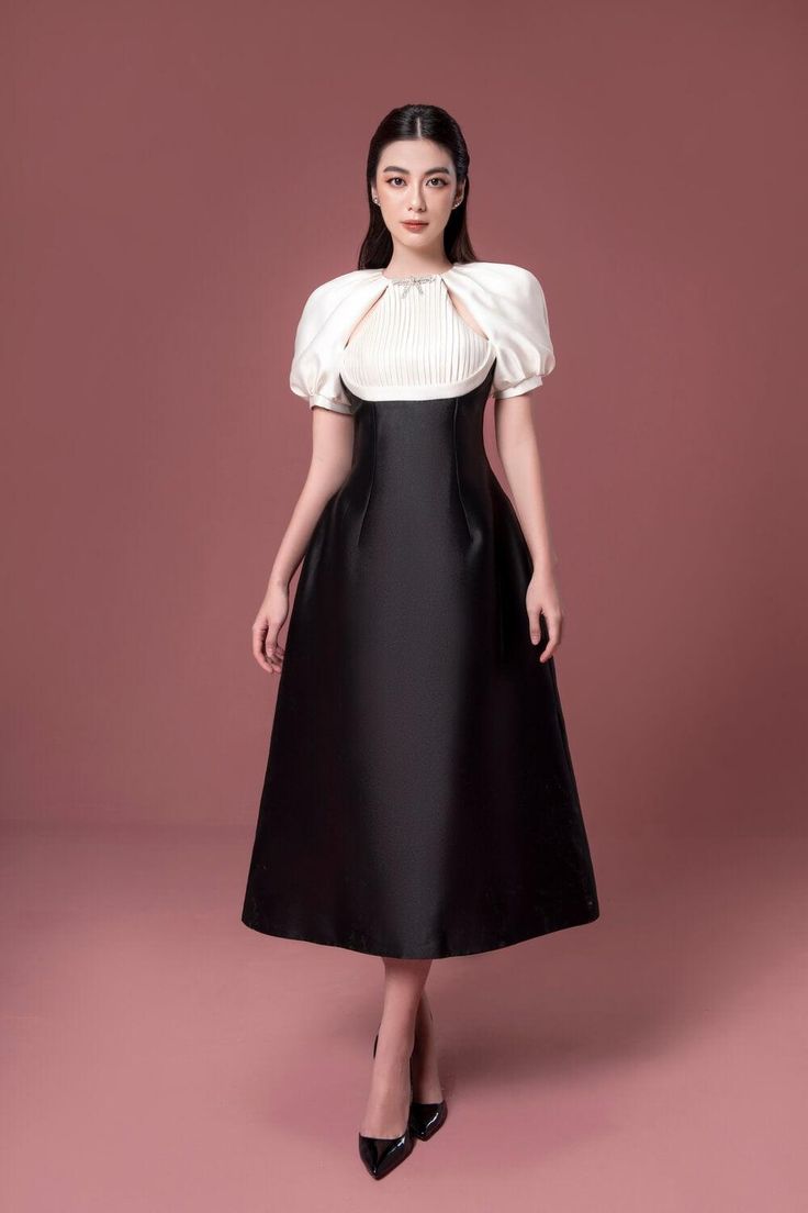 Ciara A-line Puffy Sleeved Taffeta Midi Dress - MEAN BLVD Korean Wardrobe, Elegant Fits, Stepford Wives, Chinese Fancy Dress, Church Clothes, Mean Blvd, Taffeta Dress, Maxi Gowns, Midi Dress With Sleeves