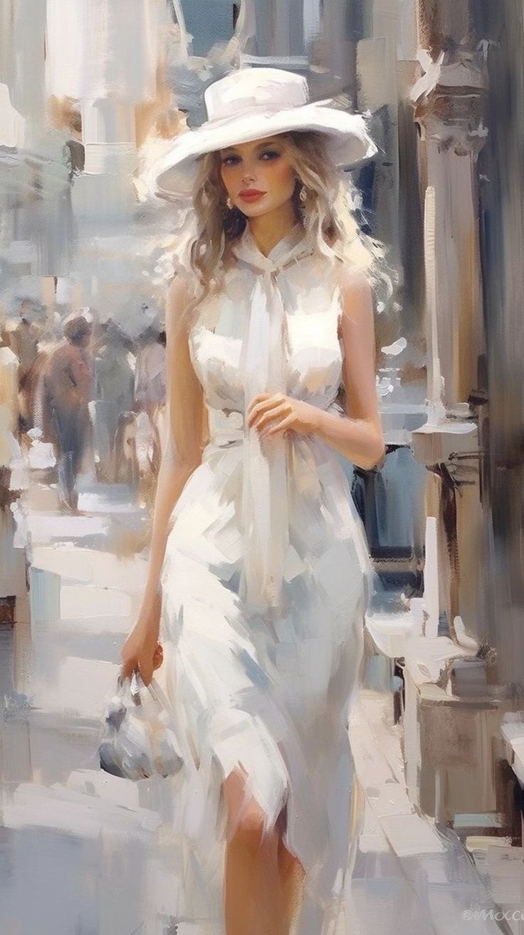 a painting of a woman in a white dress and hat walking down the street with her purse