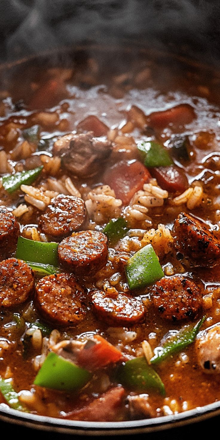 a pan filled with sausage and rice on top of a stove