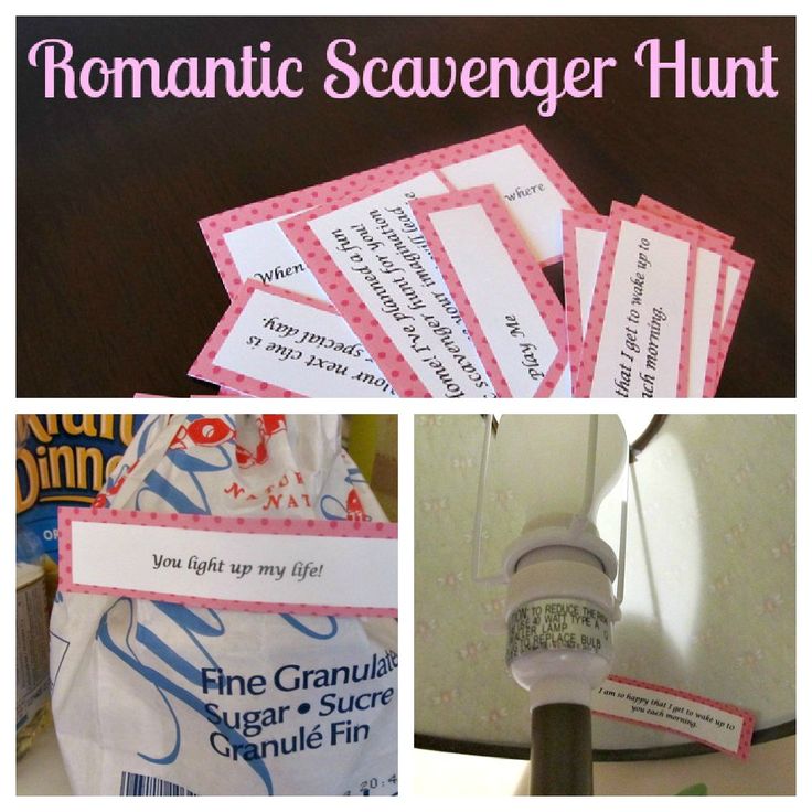 several different pictures with the words romantic scavenger hunt in pink and white on them