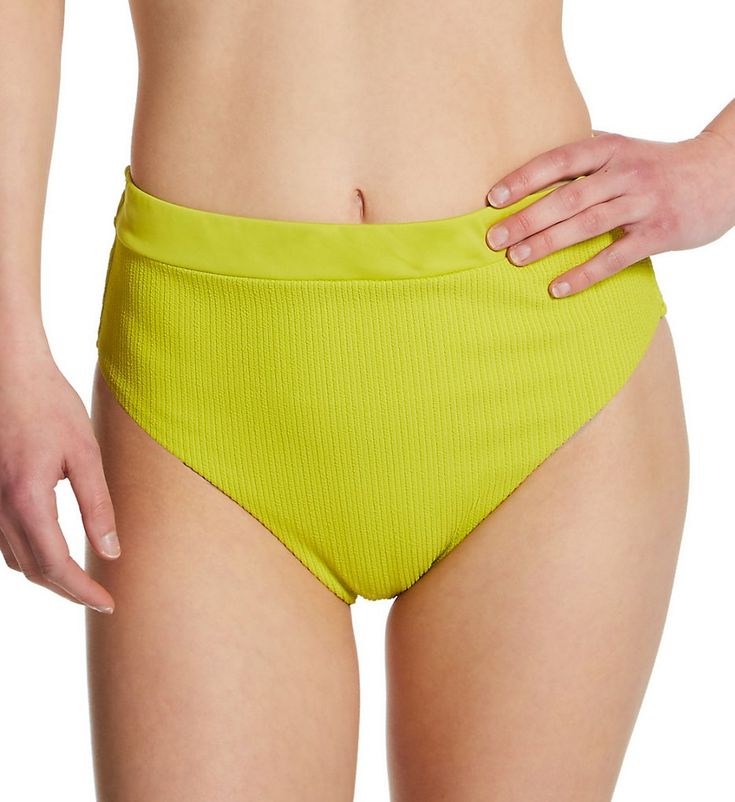 High-waisted swim bottom has a puckered, textured exterior and smooth band at waist. Made of nylon, recycled polyester, and spandex. Smooth knit band at waist has covered elastic at the rim. Textured exterior body. Seamless rear. High-cut leg openings have encased elastic borders. High rise. Moderate rear coverage. Fabric info tags at inner back of waist. Full microfiber lining from edge of waist to leg openings, with no additional lining at crotch. Sanctuary Women's Sandbar Solids Banded High L Textured Stretch Swimwear For Pool, Casual Textured Swimwear For Poolside, Textured Swimwear For Poolside, Textured Solid Swimwear For Vacation, Textured Solid Color Swimwear For Vacation, Spring Textured Swimwear For Pool, Textured Solid Color Beachwear Swimwear, Textured Swimwear For Poolside Spring, Textured Swimwear For Spring Poolside